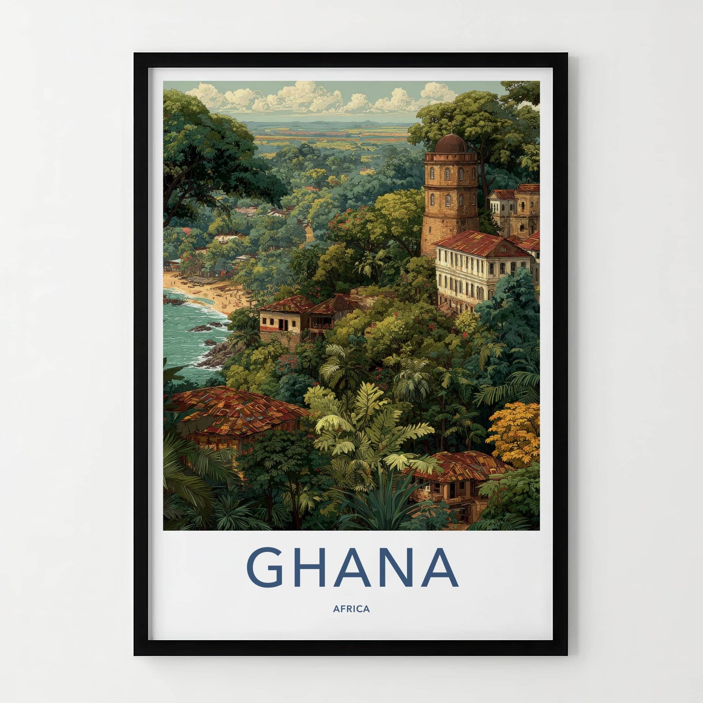 Ghana Poster - Africa Travel Art - Jungle Coastal Tower Home Decor