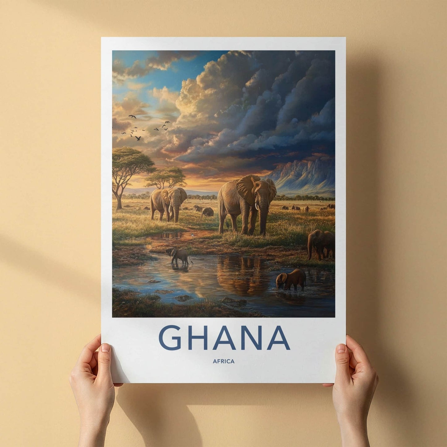 Ghana Poster - Ghana Travel Art - African Sunset Elephants Home Decor