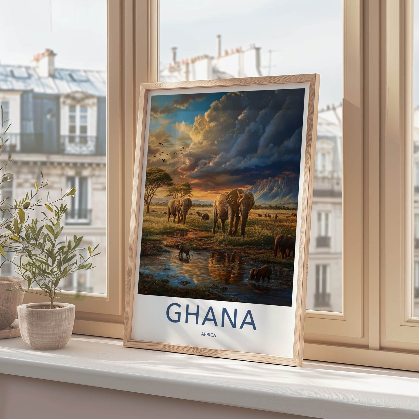 Ghana Poster - Ghana Travel Art - African Sunset Elephants Home Decor