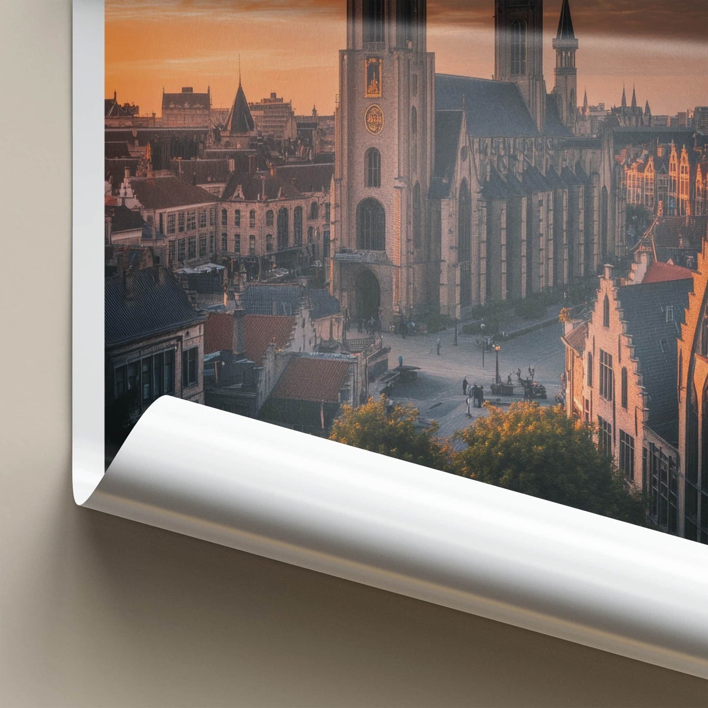 Ghent Poster - Belgium Travel Art - Cathedral Sunset Glow Home Decor