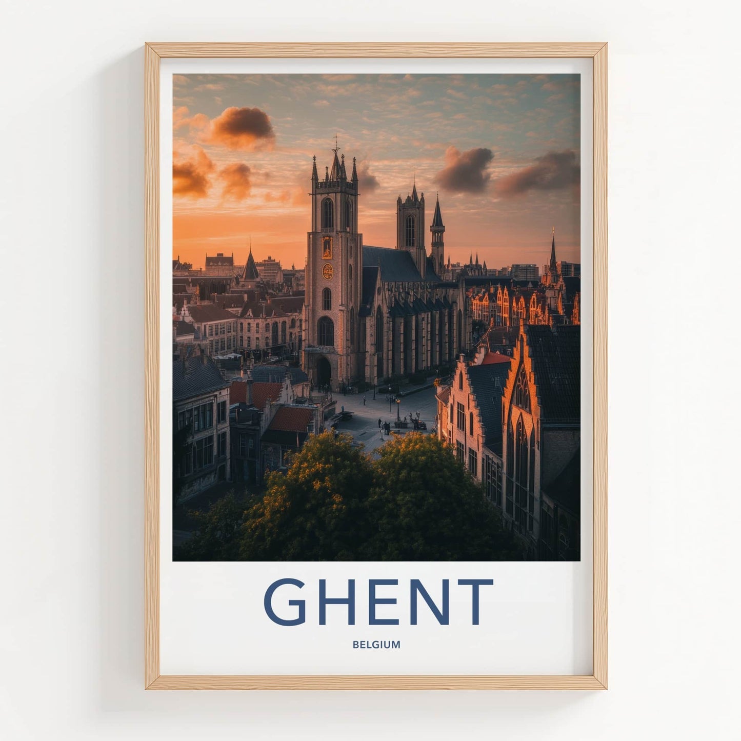 Ghent Poster - Belgium Travel Art - Cathedral Sunset Glow Home Decor