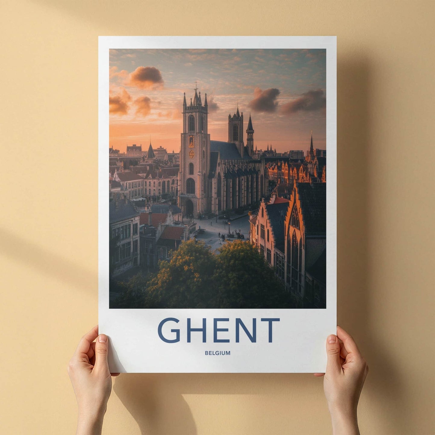 Ghent Poster - Belgium Travel Art - Cathedral Sunset Glow Home Decor