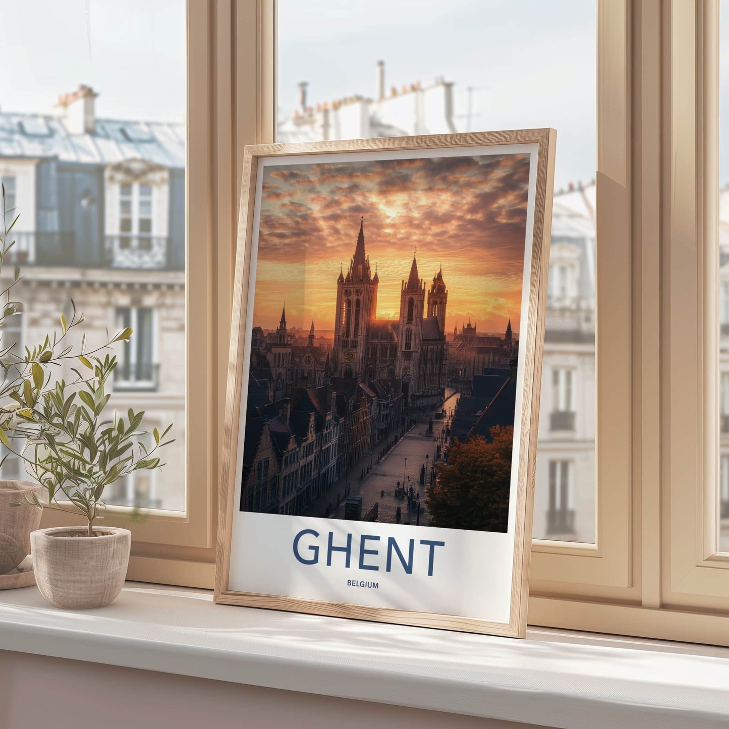 Ghent Poster - Belgium Travel Art - City Cathedral Sunset Home Decor