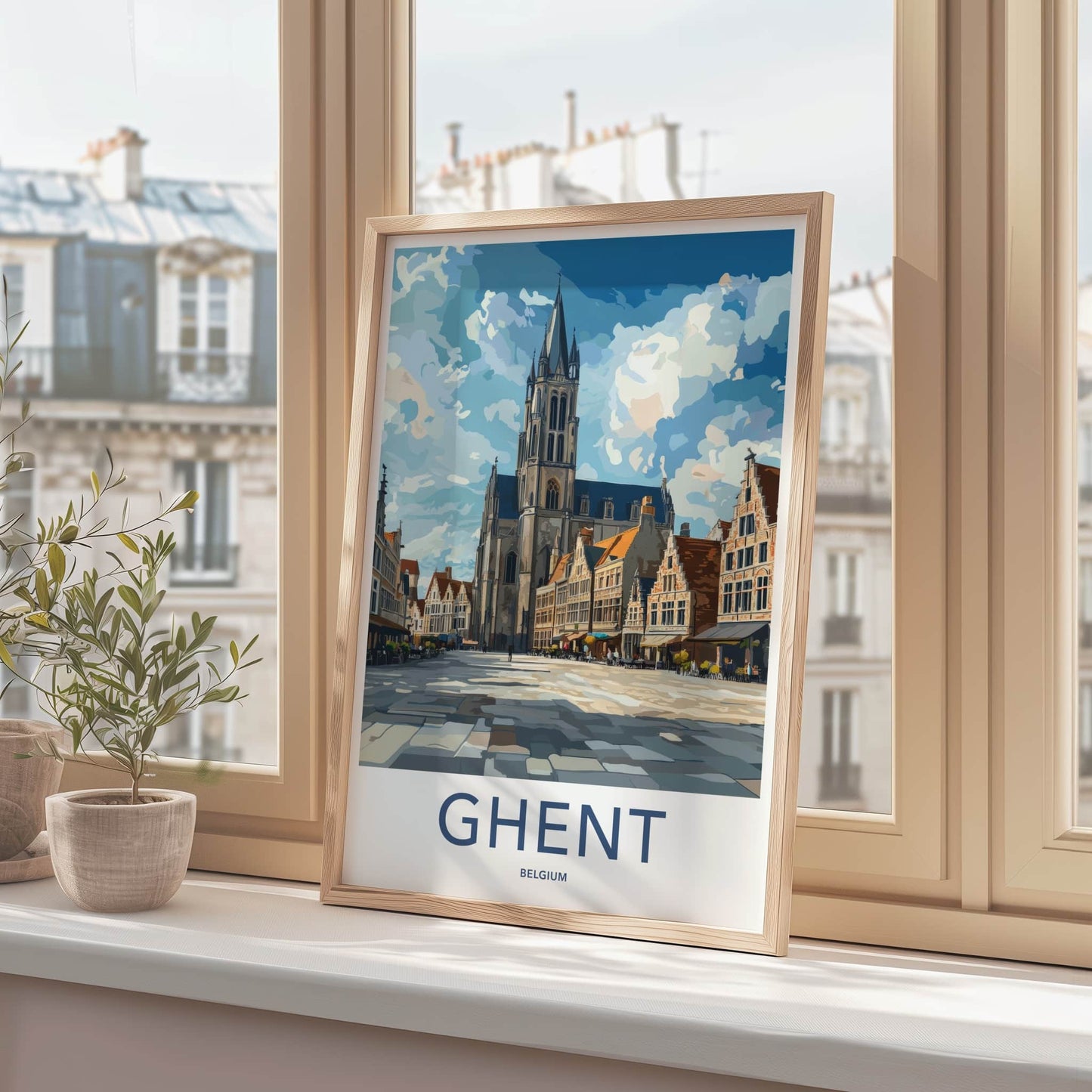 Ghent Poster - Belgium Travel Art - Historic Square Cathedral Home Decor