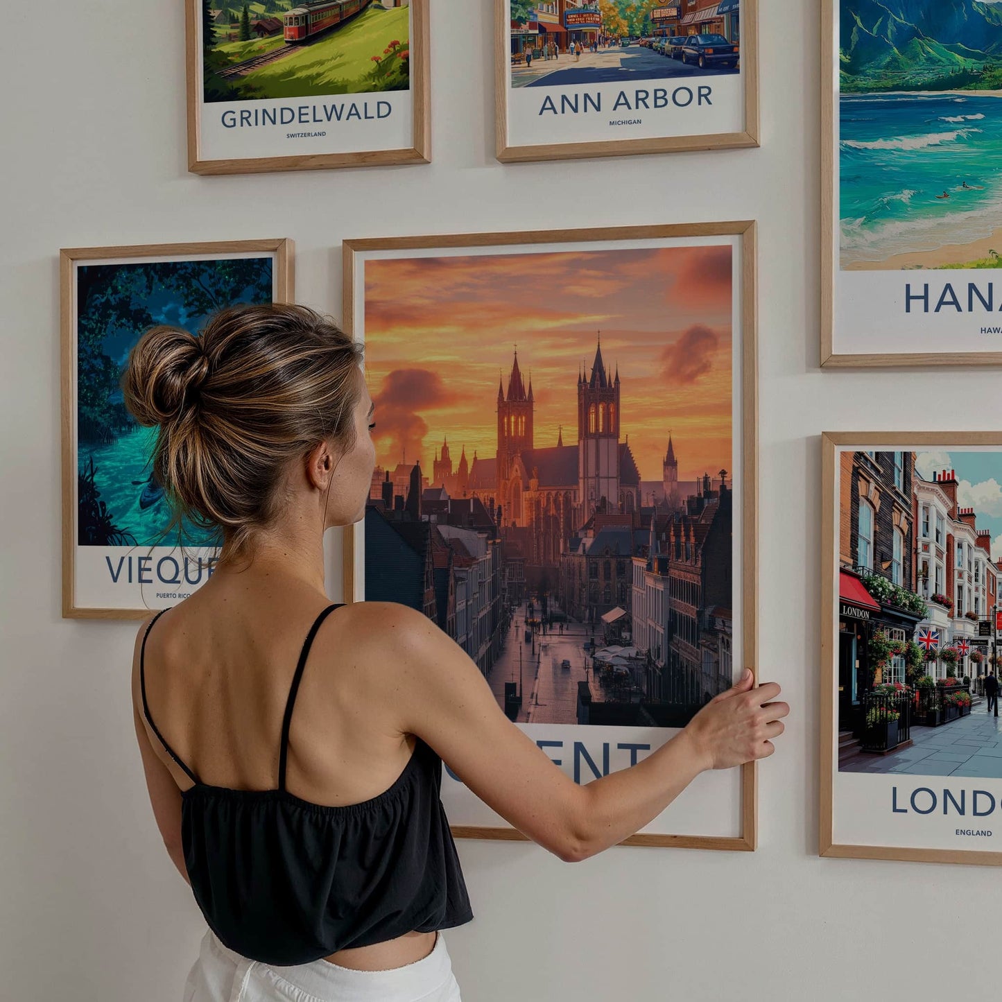 Ghent Poster - Belgium Travel Print - Illuminated Towers Street Lounge Decor