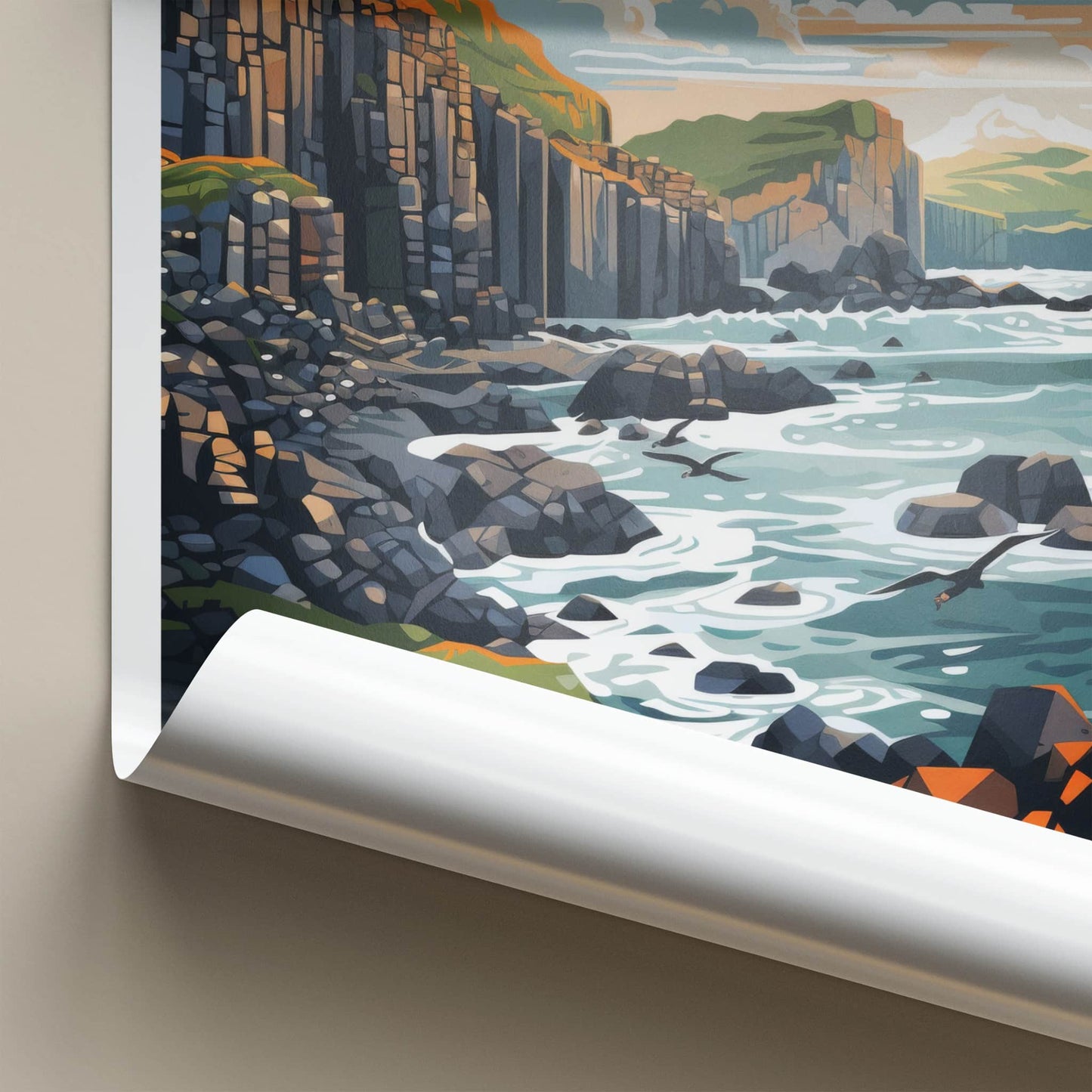 Giant's Causeway Poster - Northern Ireland Travel Art - Columnar Cliffs Birds Wall Decor