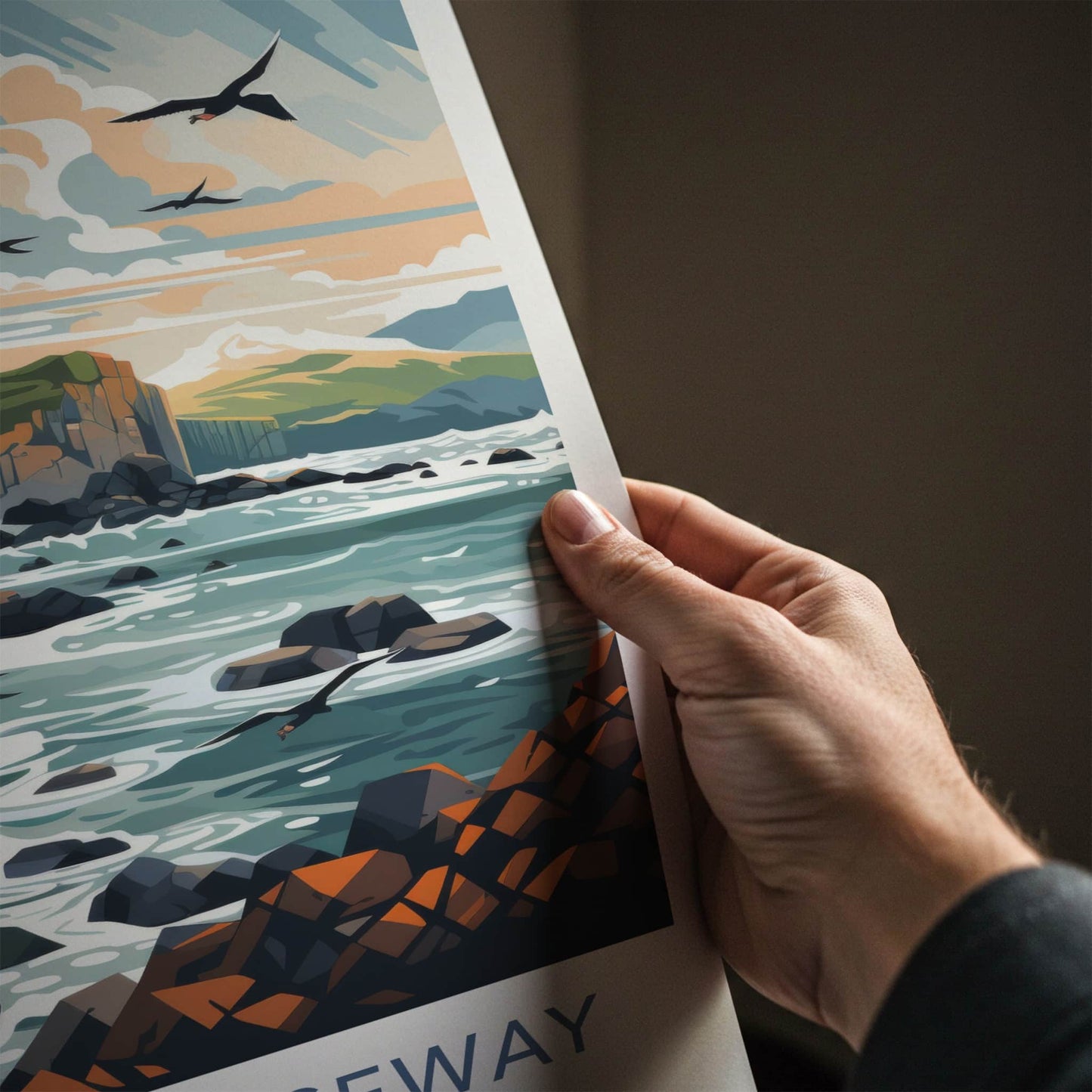 Giant's Causeway Poster - Northern Ireland Travel Art - Columnar Cliffs Birds Wall Decor