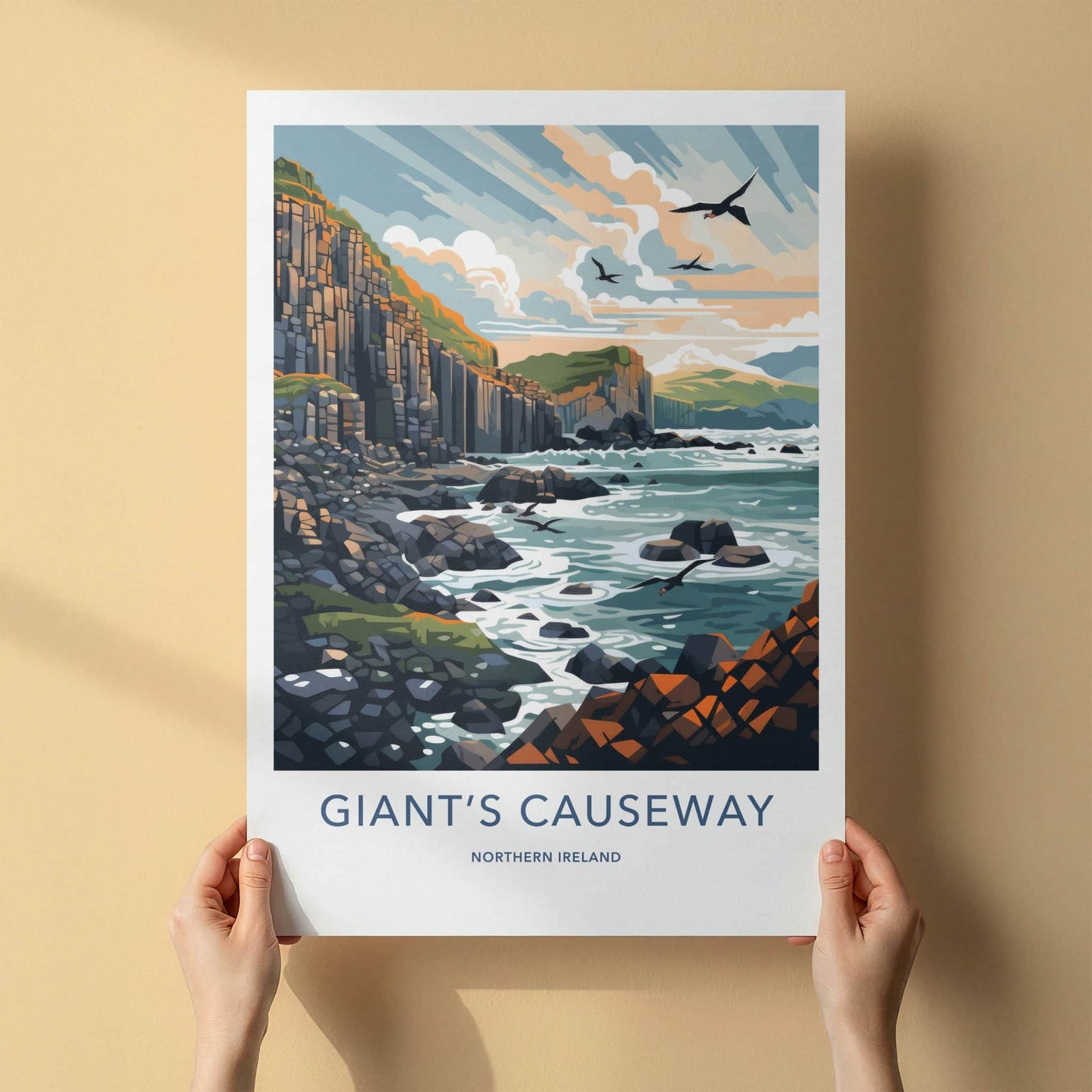 Giant's Causeway Poster - Northern Ireland Travel Art - Columnar Cliffs Birds Wall Decor