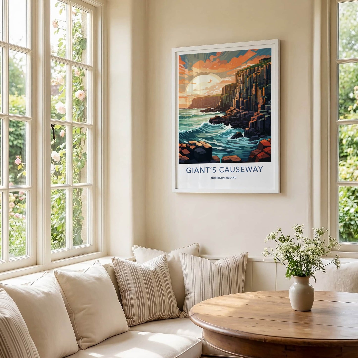 Giants Causeway Poster - Northern Ireland Travel Art - Ocean Waves Sunset Wall Decor