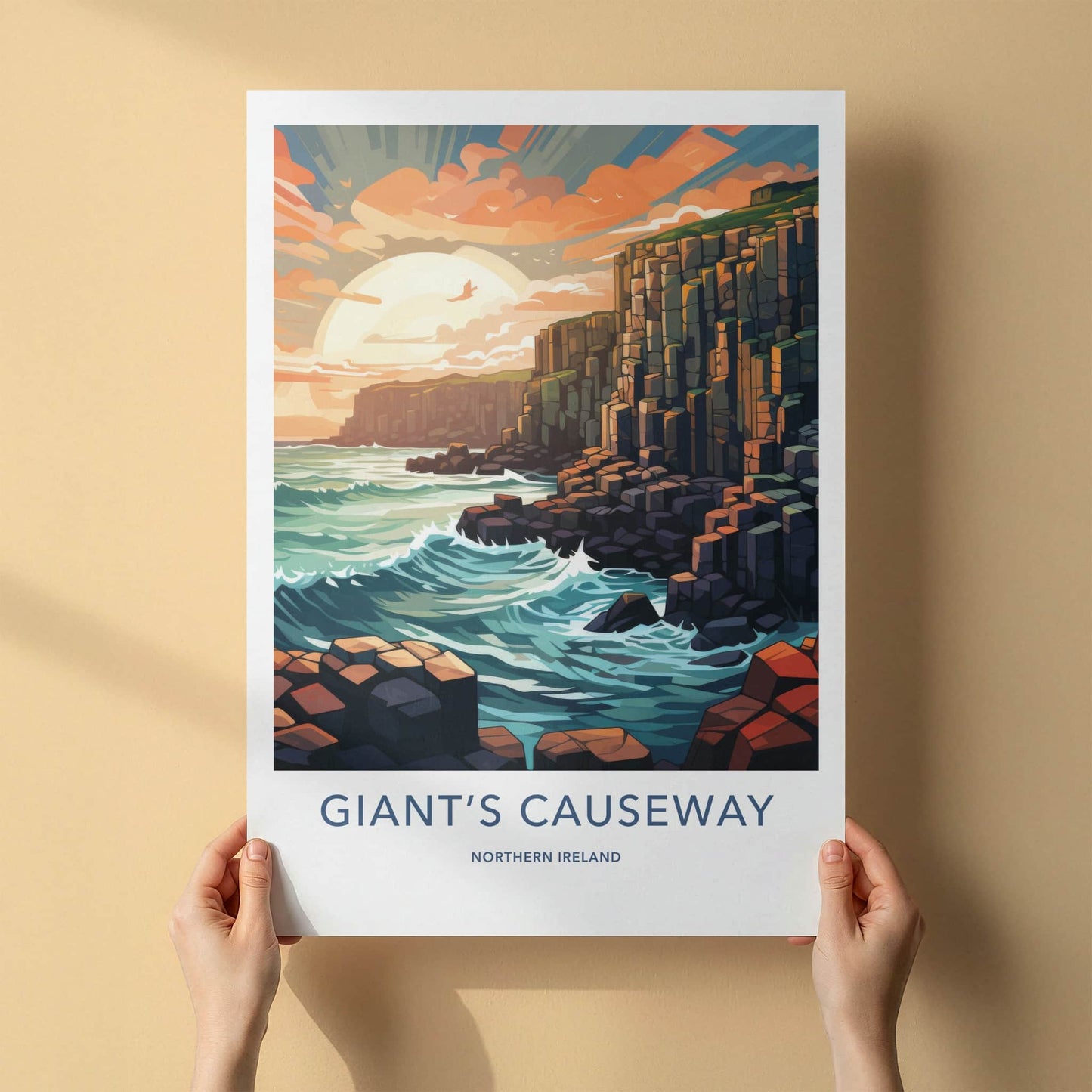 Giants Causeway Poster - Northern Ireland Travel Art - Ocean Waves Sunset Wall Decor