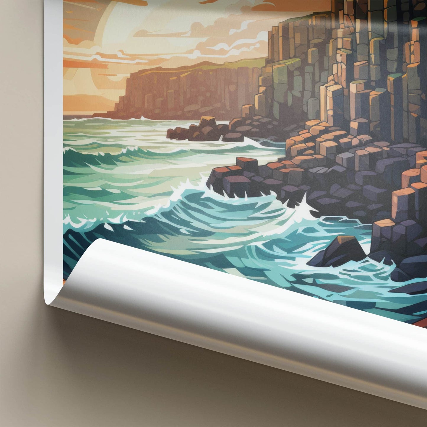 Giants Causeway Poster - Northern Ireland Travel Art - Ocean Waves Sunset Wall Decor
