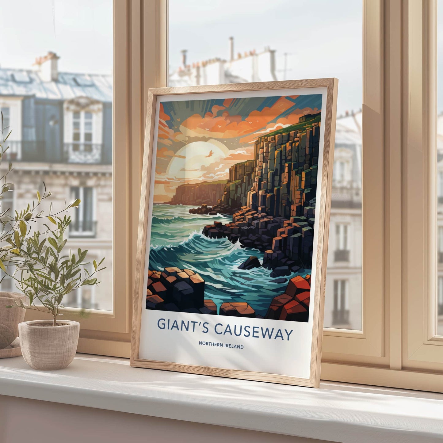Giants Causeway Poster - Northern Ireland Travel Art - Ocean Waves Sunset Wall Decor