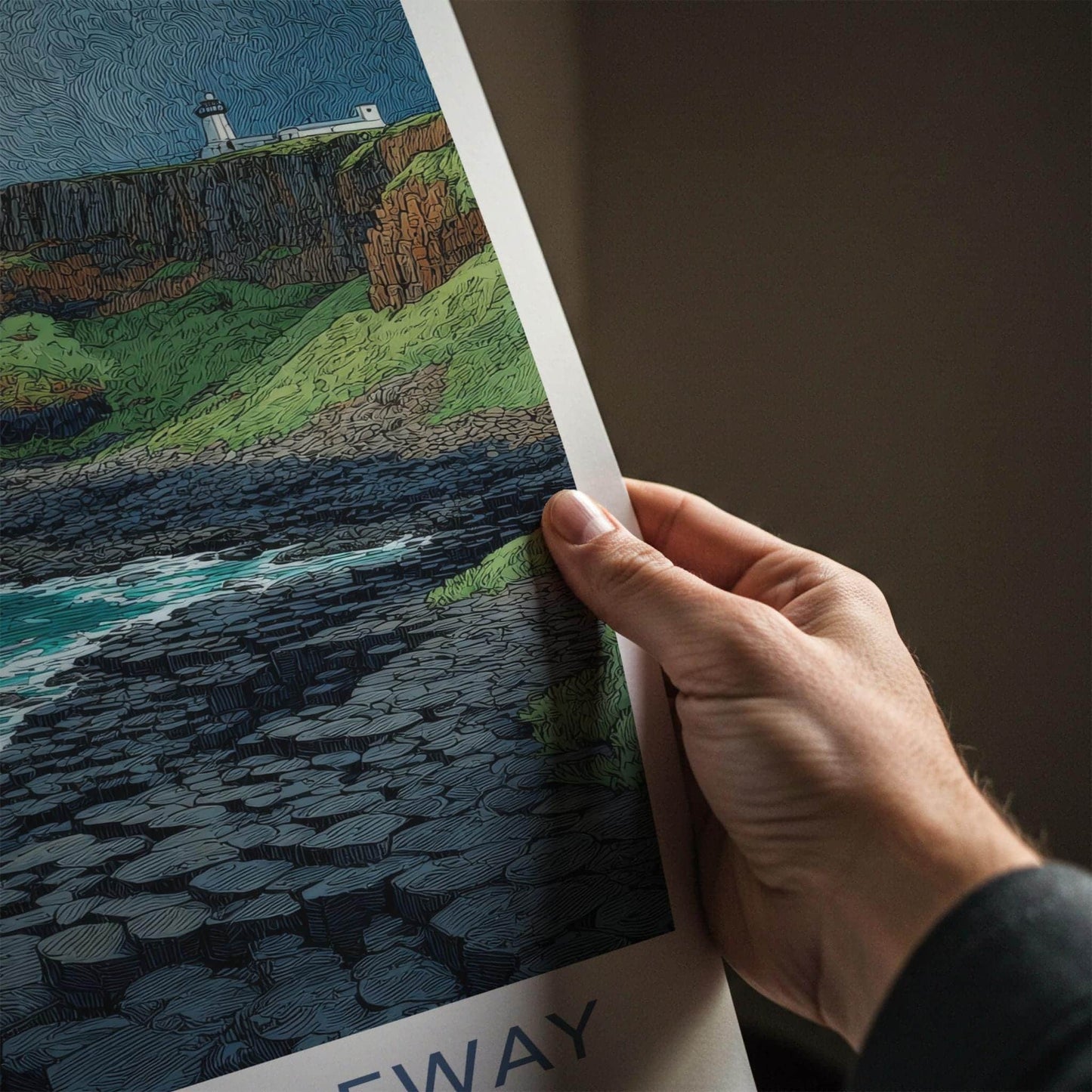 Giants Causeway Poster - United Kingdom Travel Art - Ocean Cliff Lighthouse Home Decor
