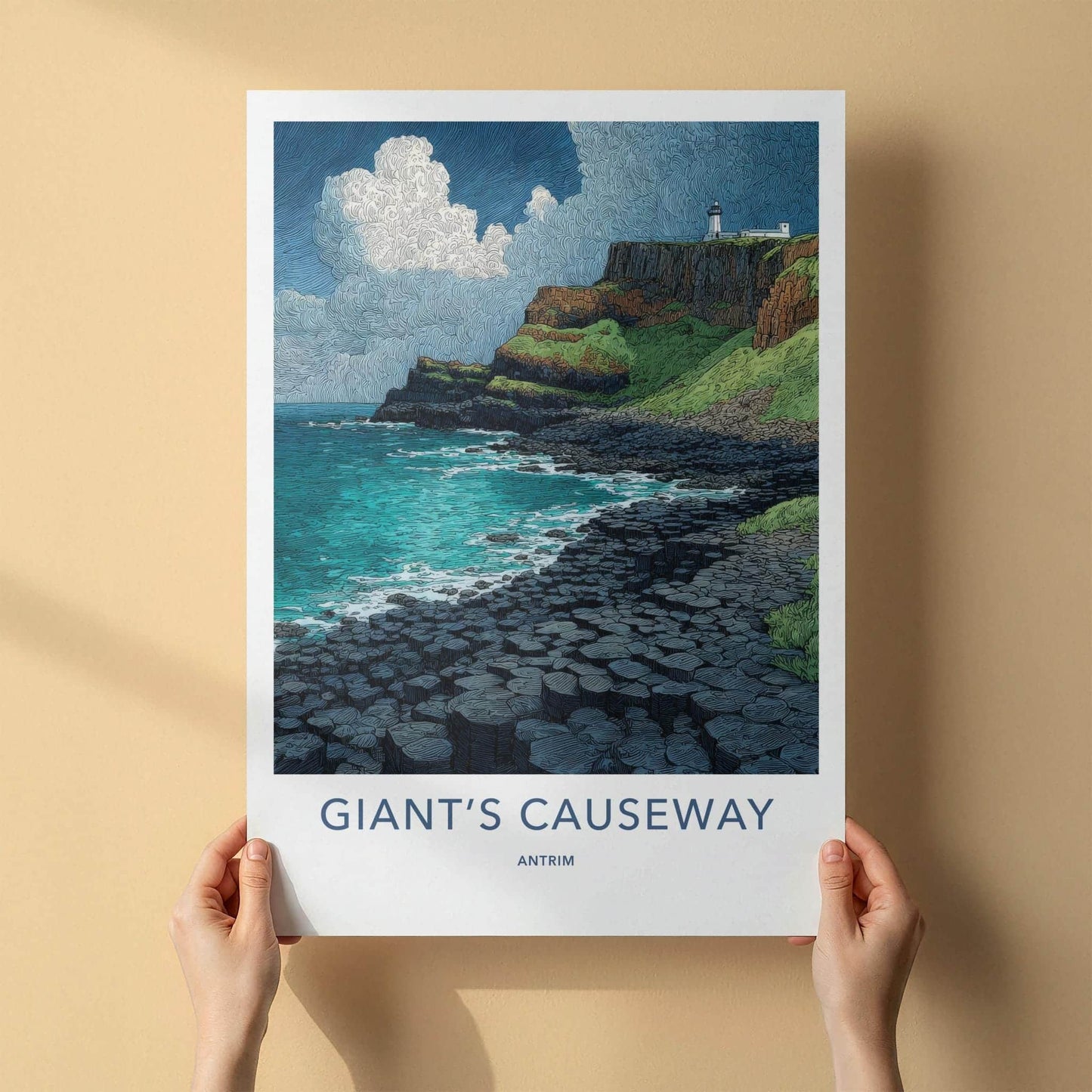 Giants Causeway Poster - United Kingdom Travel Art - Ocean Cliff Lighthouse Home Decor