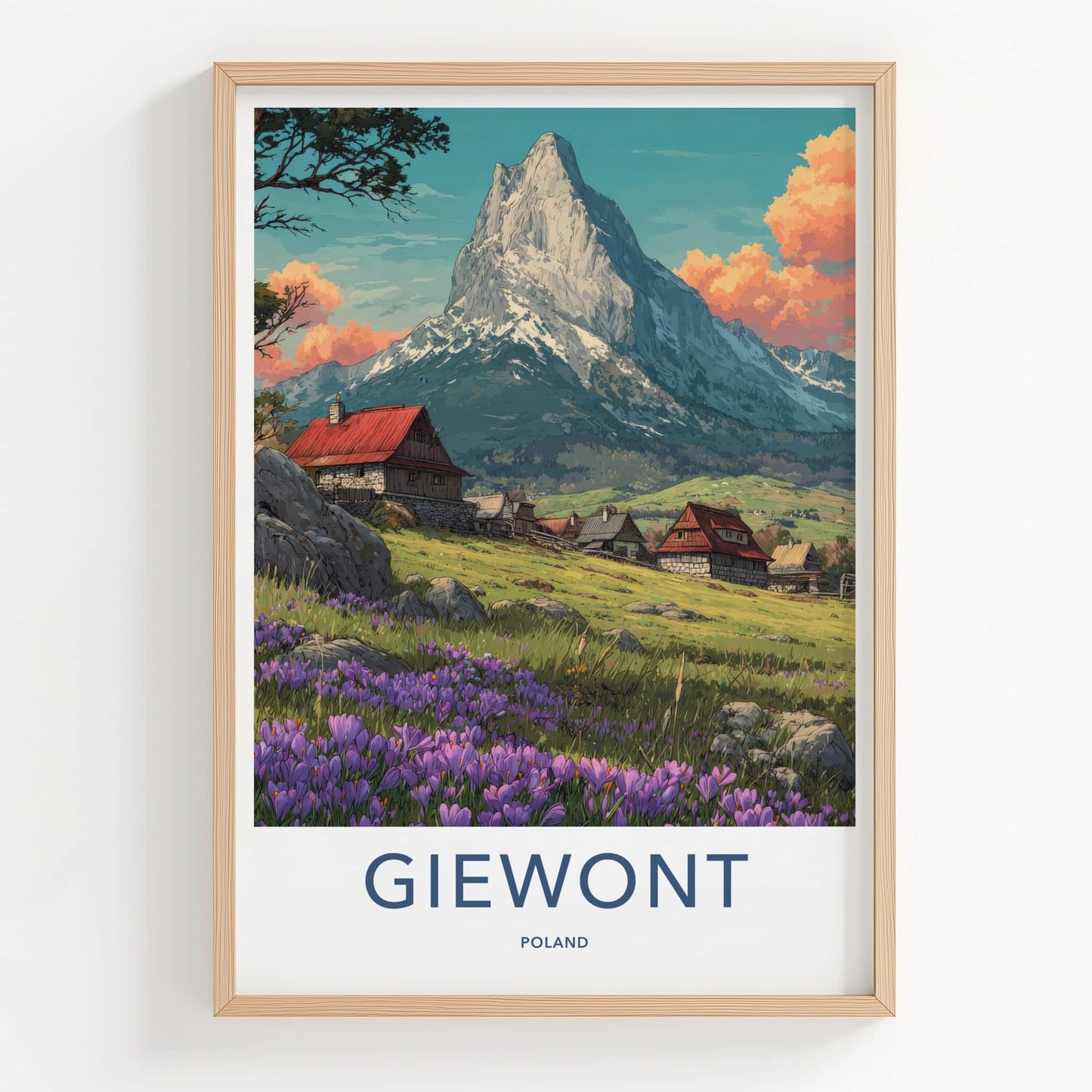 Giewont Poster - Poland Travel Art - Blooming Crocus Mountain Village Home Decor