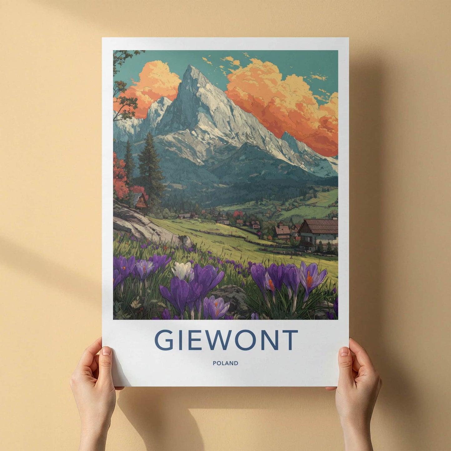 Giewont Poster - Poland Travel Art - Orange Clouds Crocus Home Decor