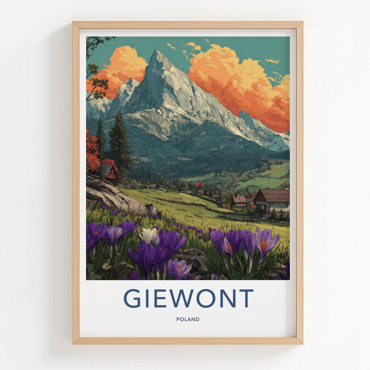 Giewont Poster - Poland Travel Art - Orange Clouds Crocus Home Decor