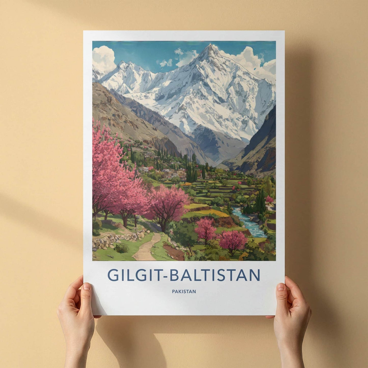 Gilgit-Baltistan Poster - Pakistan Travel Art - Cherry Blossoms Wall Decor