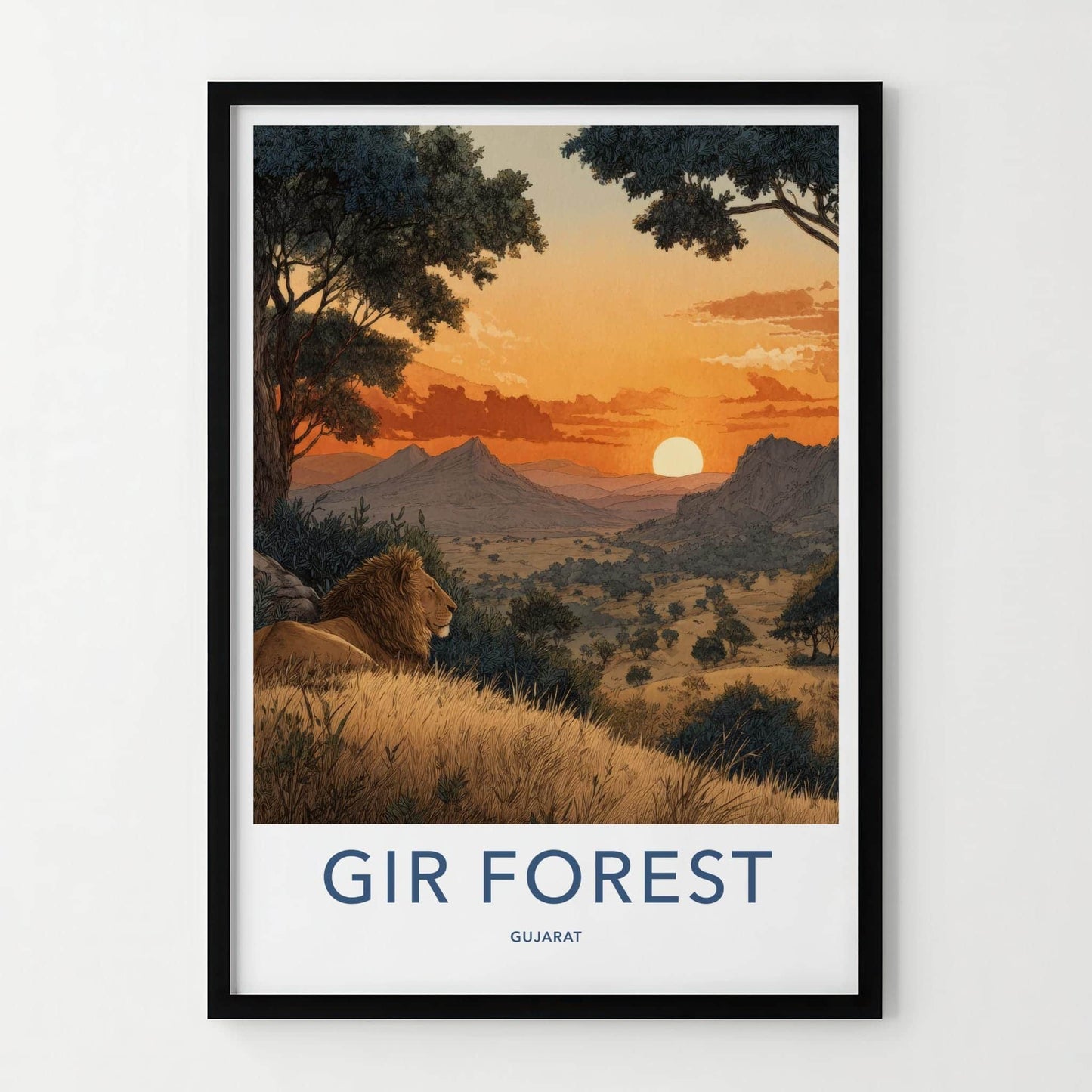 Gir Forest Poster - India Travel Art - Gujarat Lion Resting Sunset Home Decor