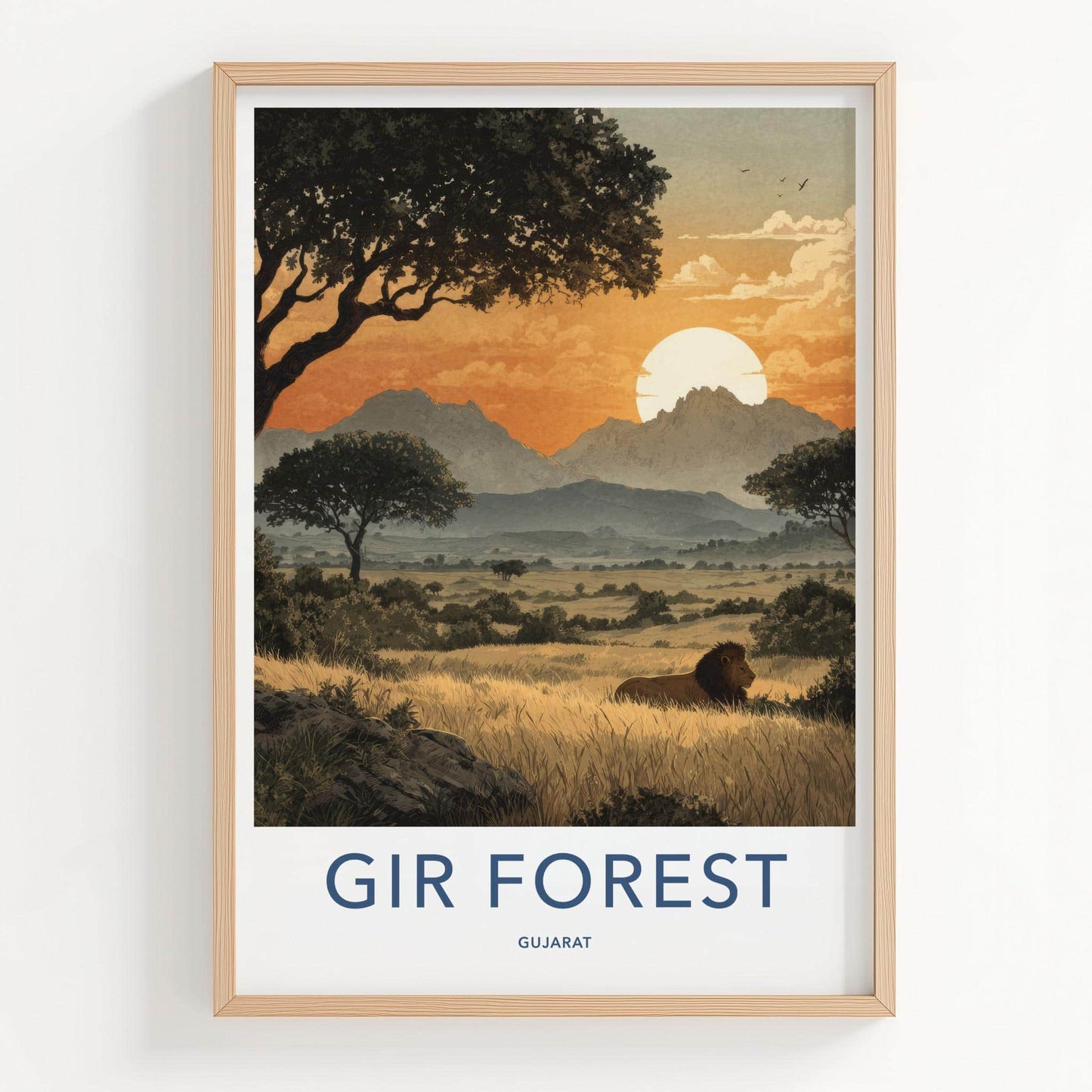 Gir Forest Poster - India Travel Art - Gujarat Lion Savannah Sunset Home Decor