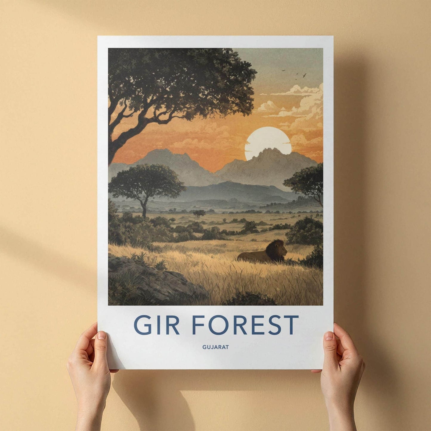 Gir Forest Poster - India Travel Art - Gujarat Lion Savannah Sunset Home Decor