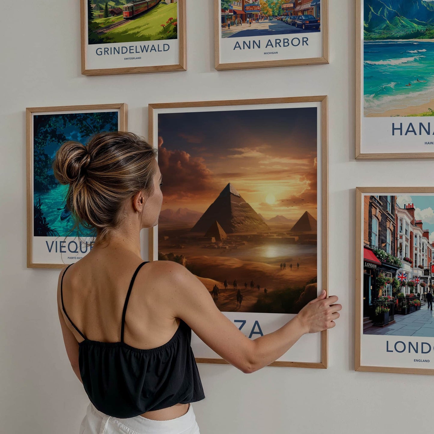 Giza Poster - Egypt Travel Art - Caravan Desert Sunset Home Decor