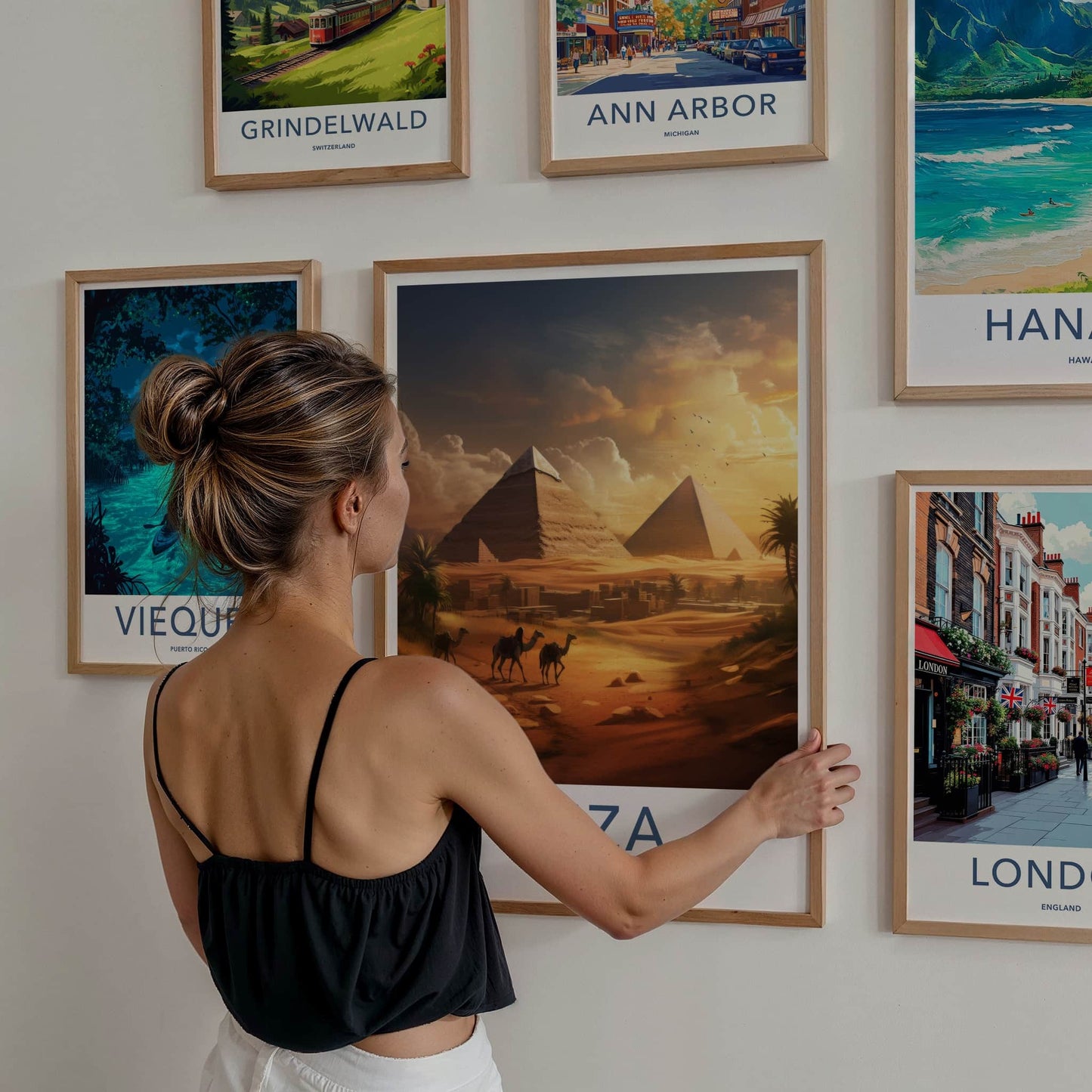 Giza Poster - Egypt Travel Art - Golden Desert Pyramids Home Decor