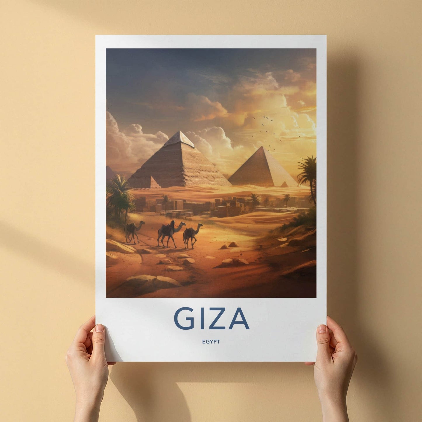 Giza Poster - Egypt Travel Art - Golden Desert Pyramids Home Decor