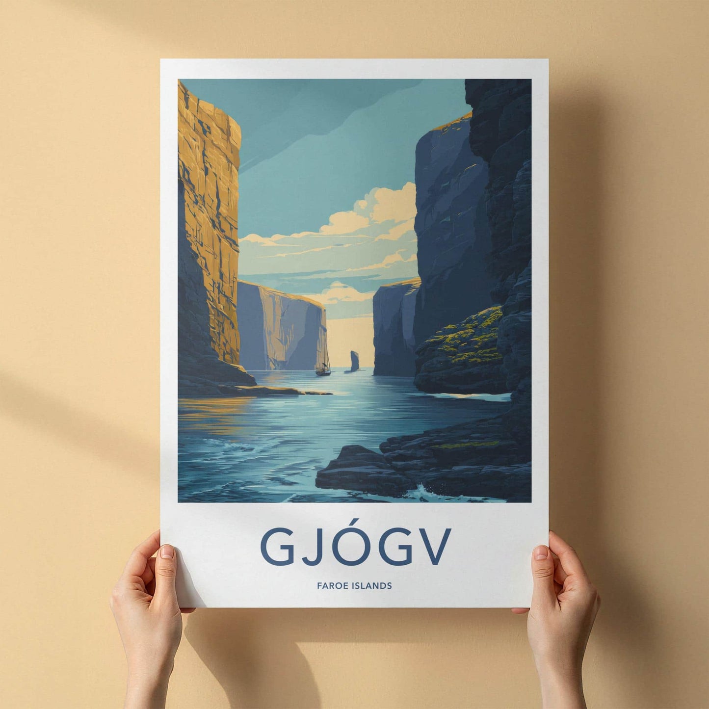 Gjogv Poster - Faroe Islands Travel Art - Narrow Fjord Channel Home Decor