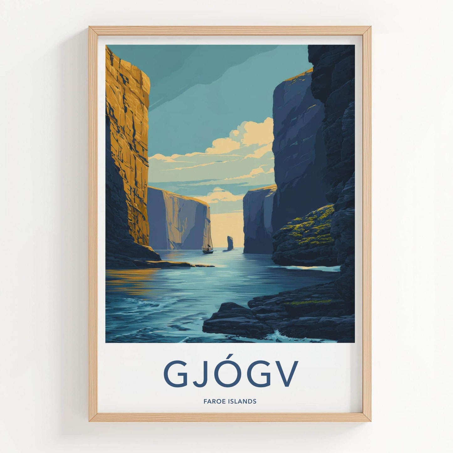 Gjogv Poster - Faroe Islands Travel Art - Narrow Fjord Channel Home Decor