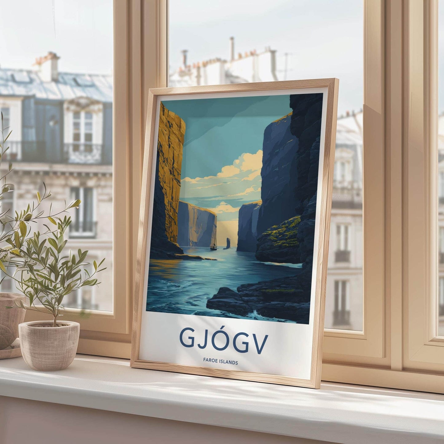Gjogv Poster - Faroe Islands Travel Art - Narrow Fjord Channel Home Decor