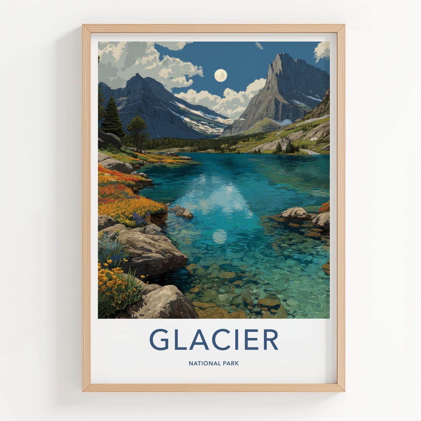 Glacier National Park Poster - Montana Travel Art - Lake Mountains Moon Home Decor