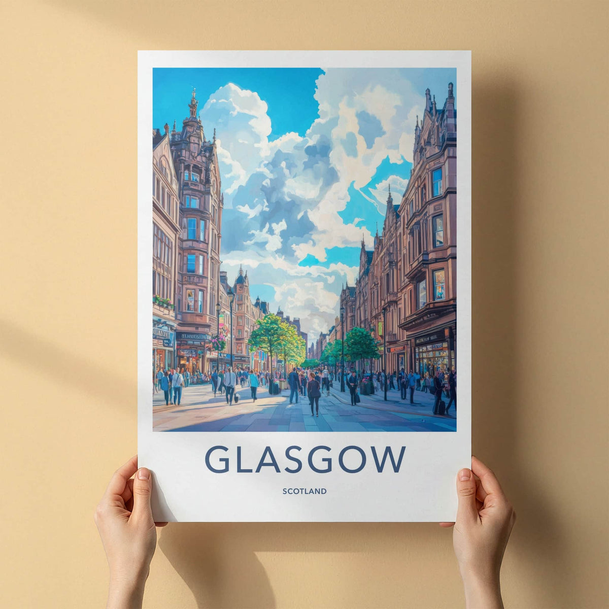 Glasgow Poster - Scotland Travel Art - Bustling City Street Home Decor