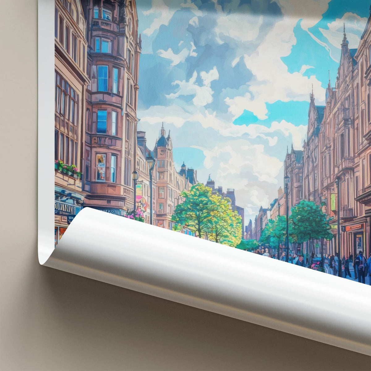 Glasgow Poster - Scotland Travel Art - Bustling City Street Home Decor