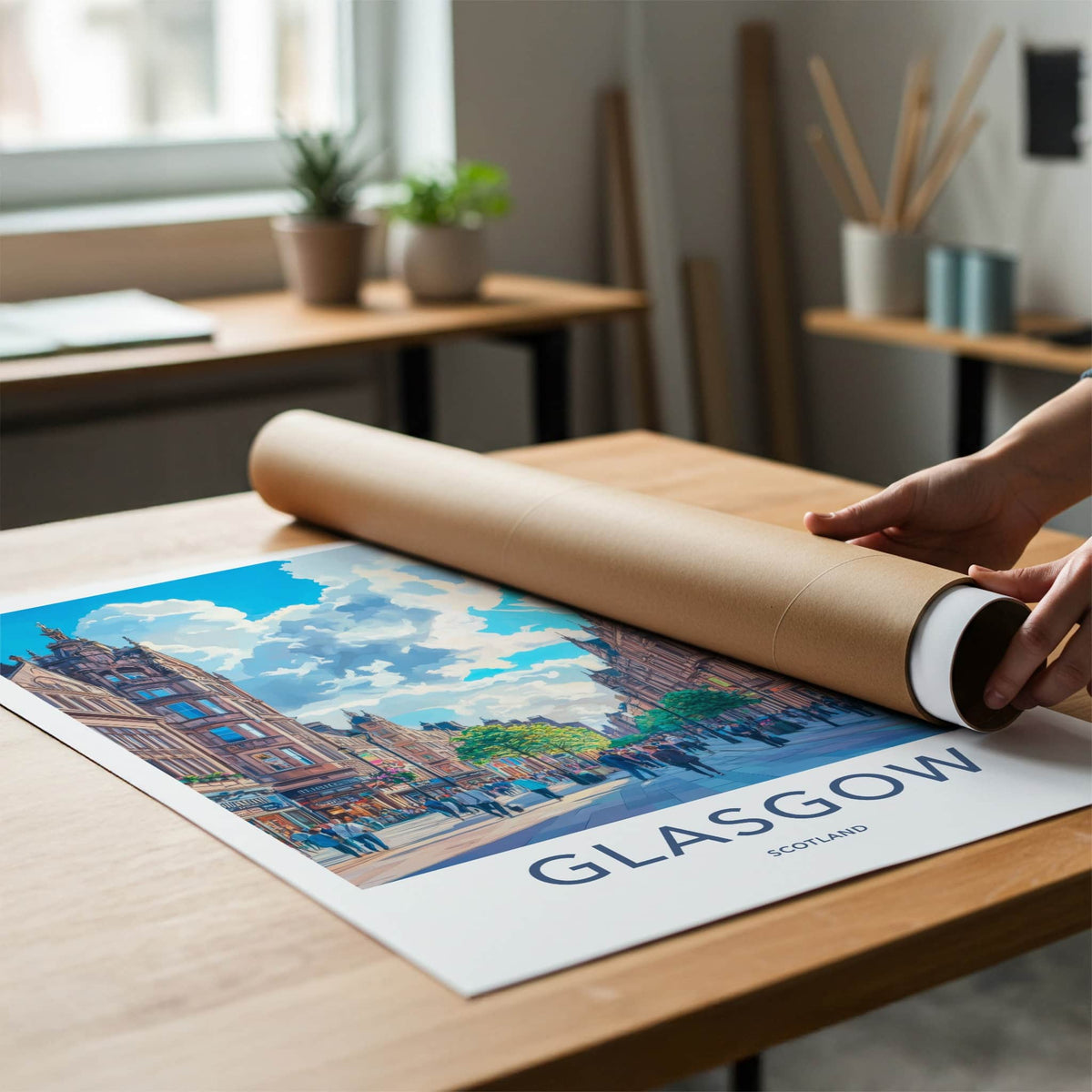 Glasgow Poster - Scotland Travel Art - Bustling City Street Home Decor