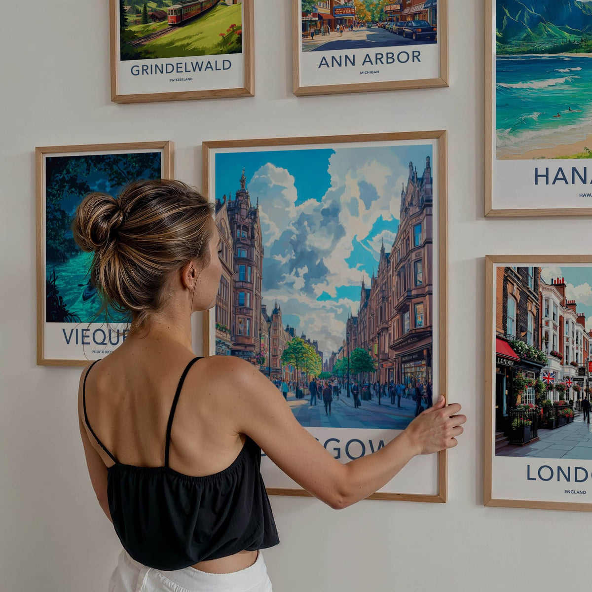 Glasgow Poster - Scotland Travel Art - Bustling City Street Home Decor