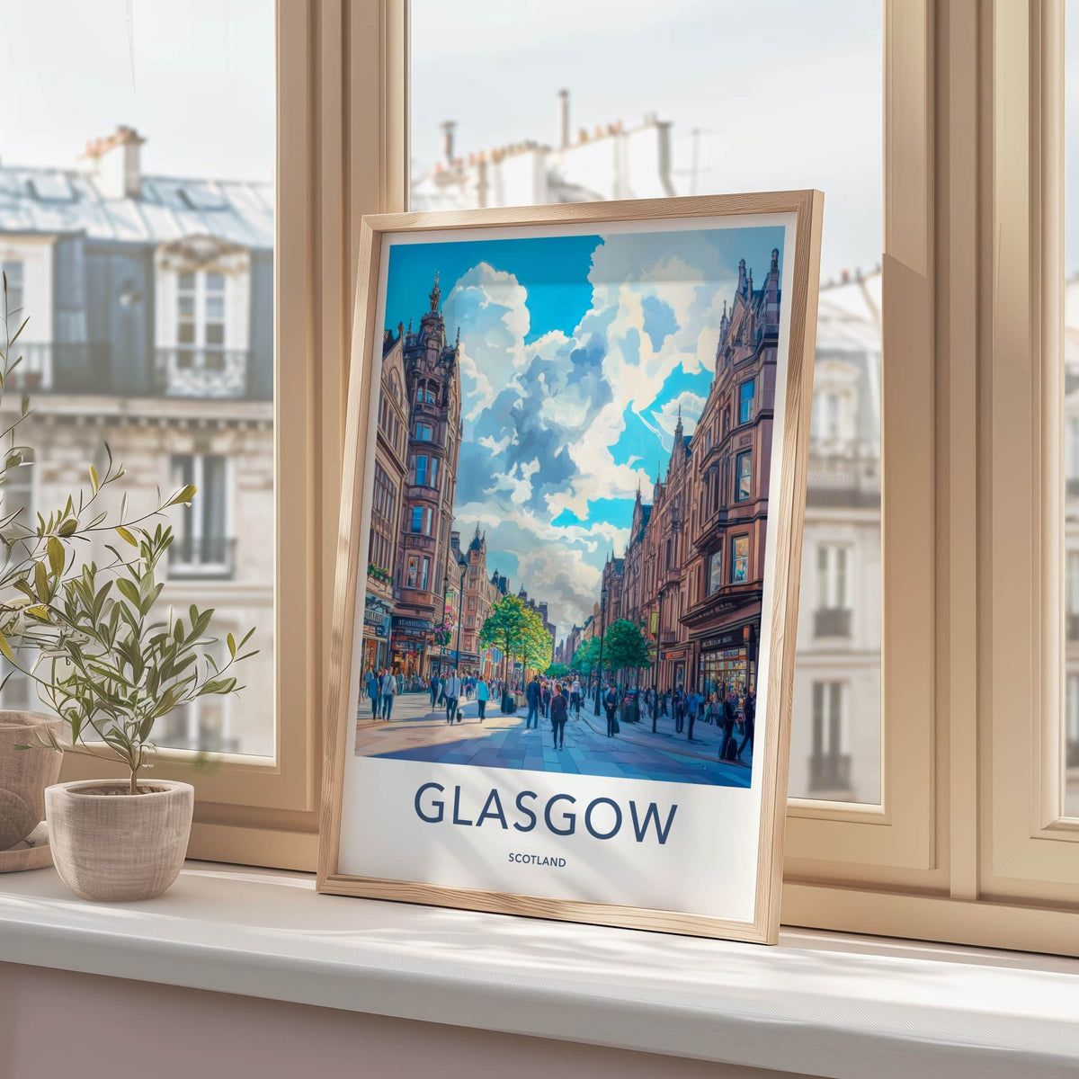 Glasgow Poster - Scotland Travel Art - Bustling City Street Home Decor