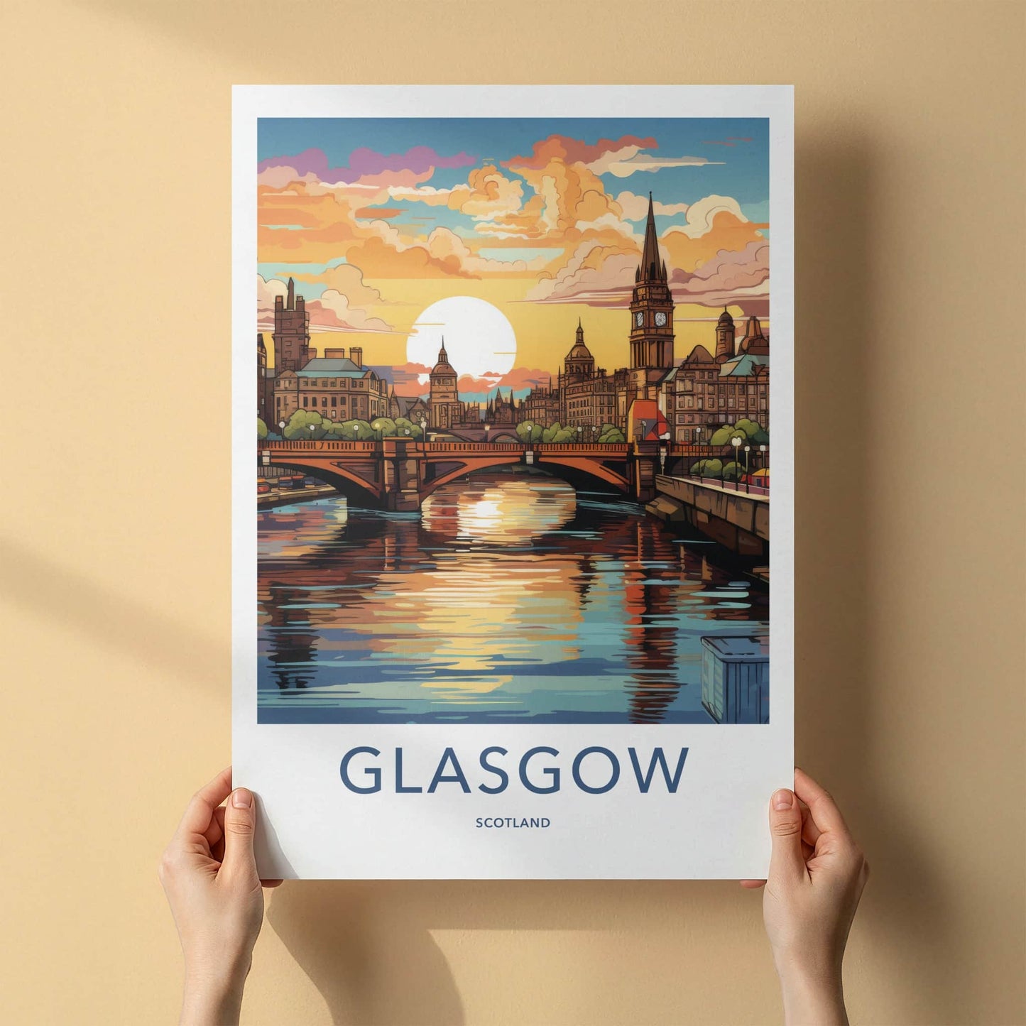 Glasgow Poster - Scotland Travel Art - River City Sunset Home Decor