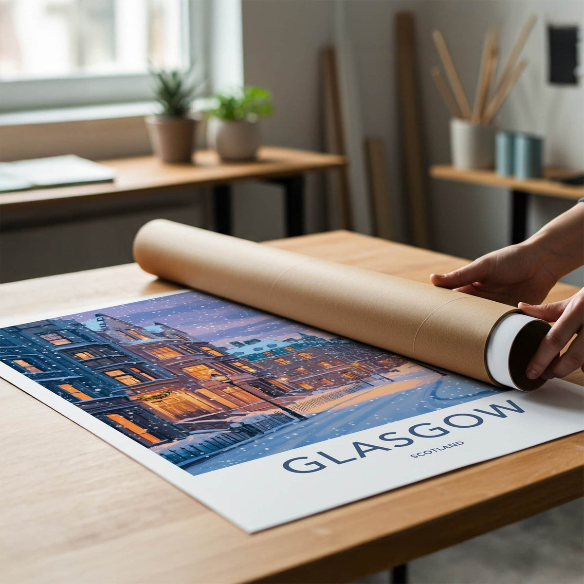 Glasgow Poster - Scotland Travel Art - Snowy City Street Home Decor