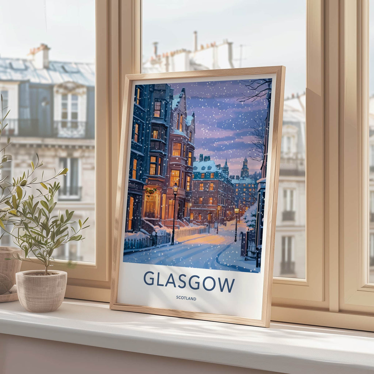 Glasgow Poster - Scotland Travel Art - Snowy City Street Home Decor