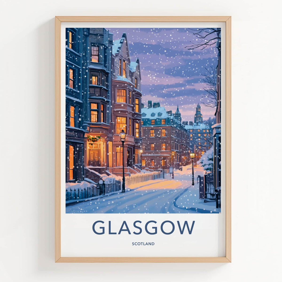 Glasgow Poster - Scotland Travel Art - Snowy City Street Home Decor