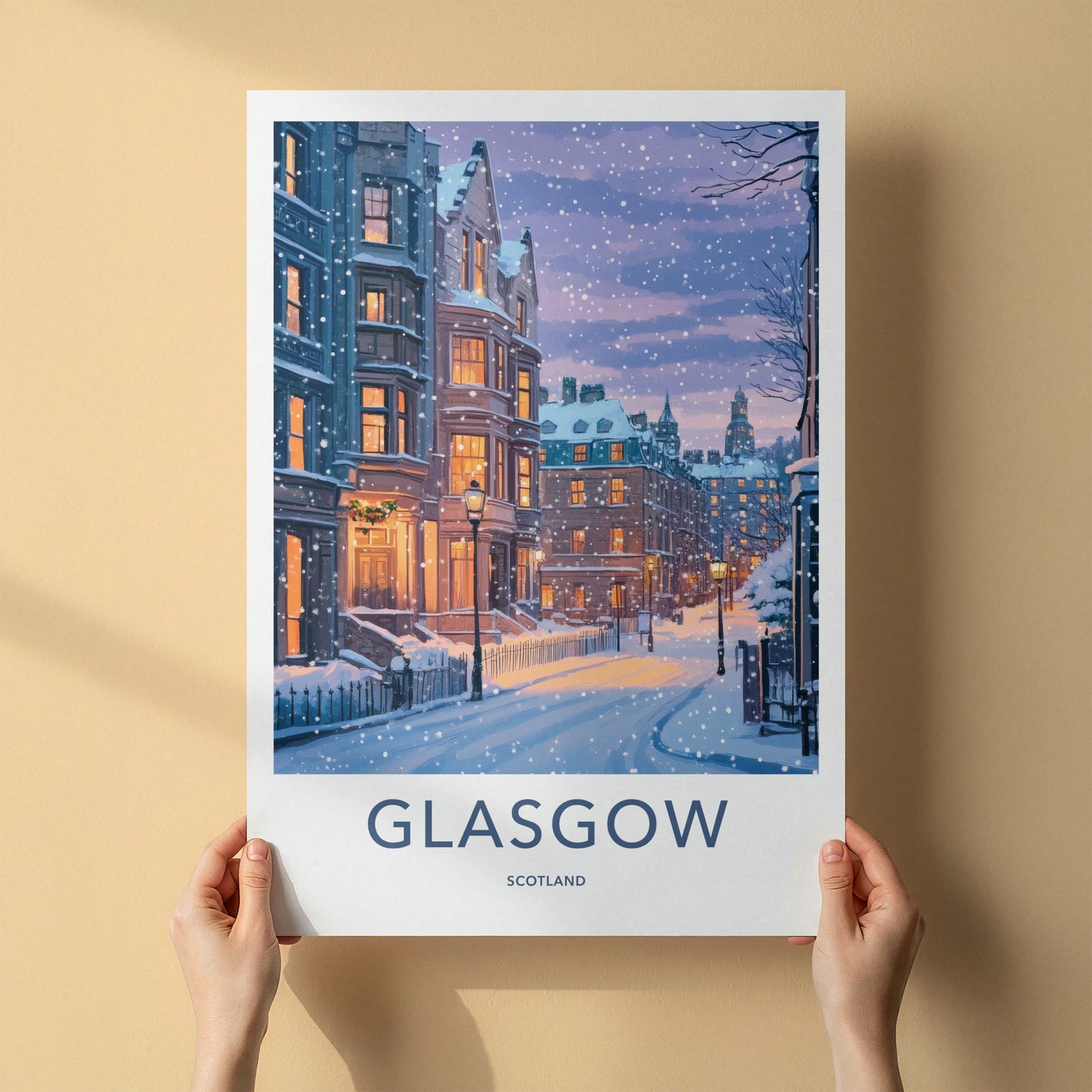 Glasgow Poster - Scotland Travel Art - Snowy City Street Home Decor