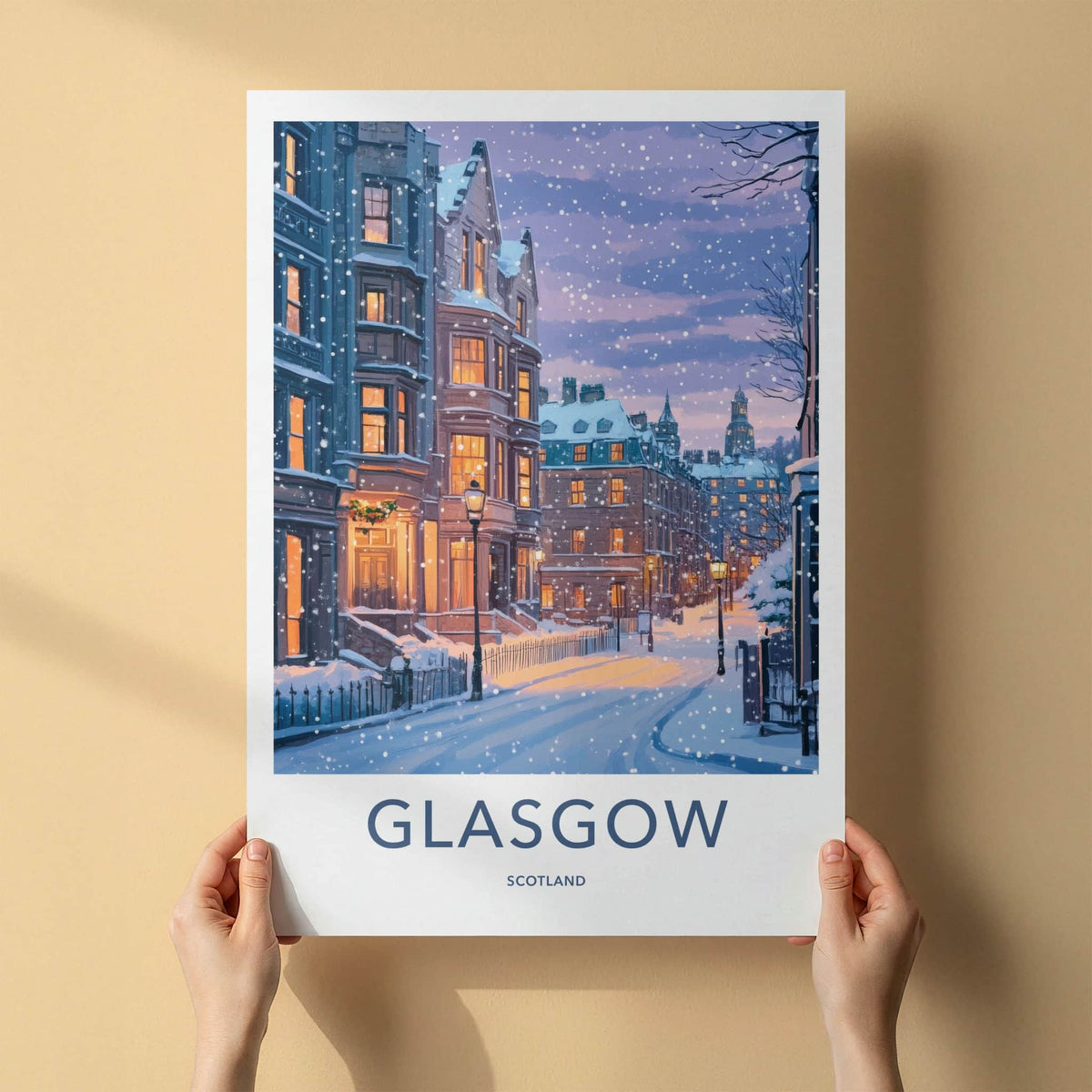 Glasgow Poster - Scotland Travel Art - Snowy City Street Home Decor