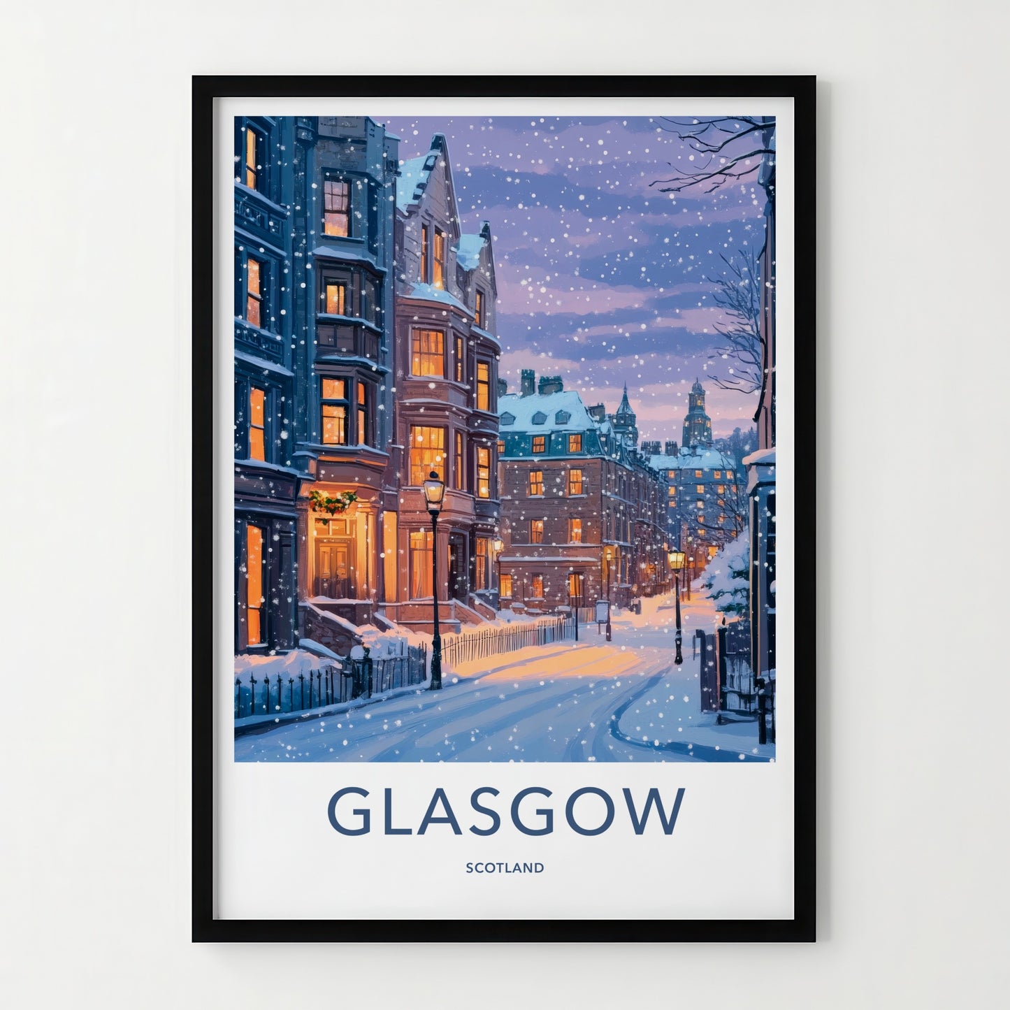 Glasgow Poster - Scotland Travel Art - Snowy City Street Home Decor