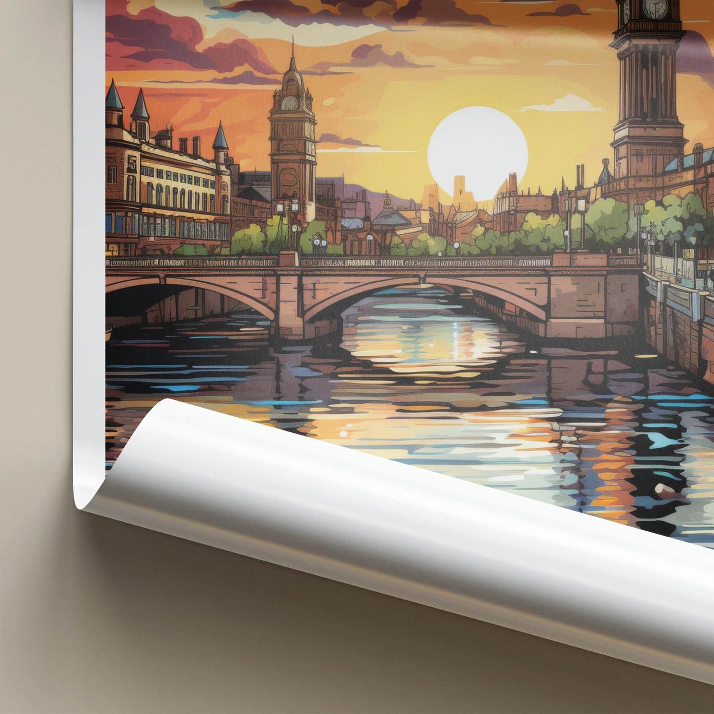 Glasgow Poster - Scotland Travel Art - Vibrant Sunset City Home Decor