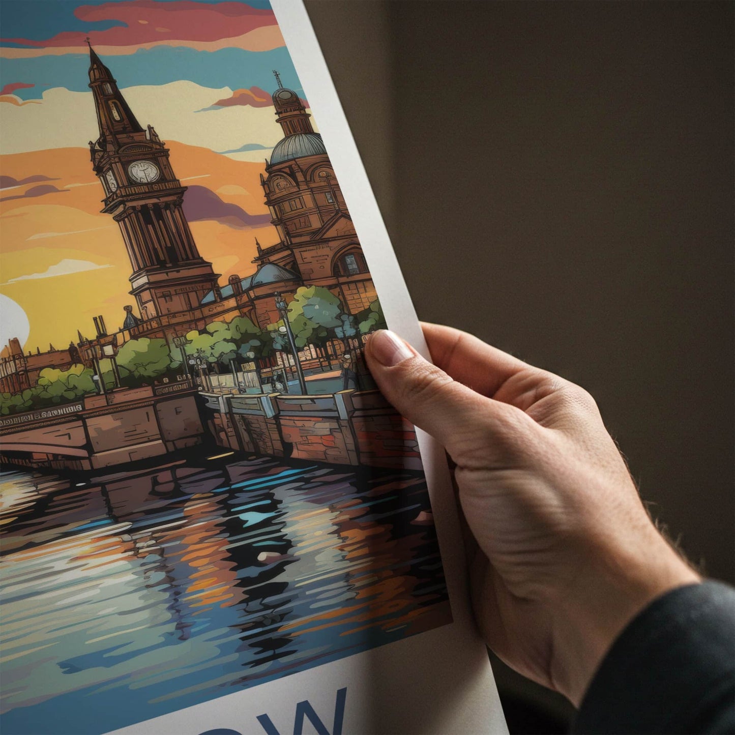 Glasgow Poster - Scotland Travel Art - Vibrant Sunset City Home Decor