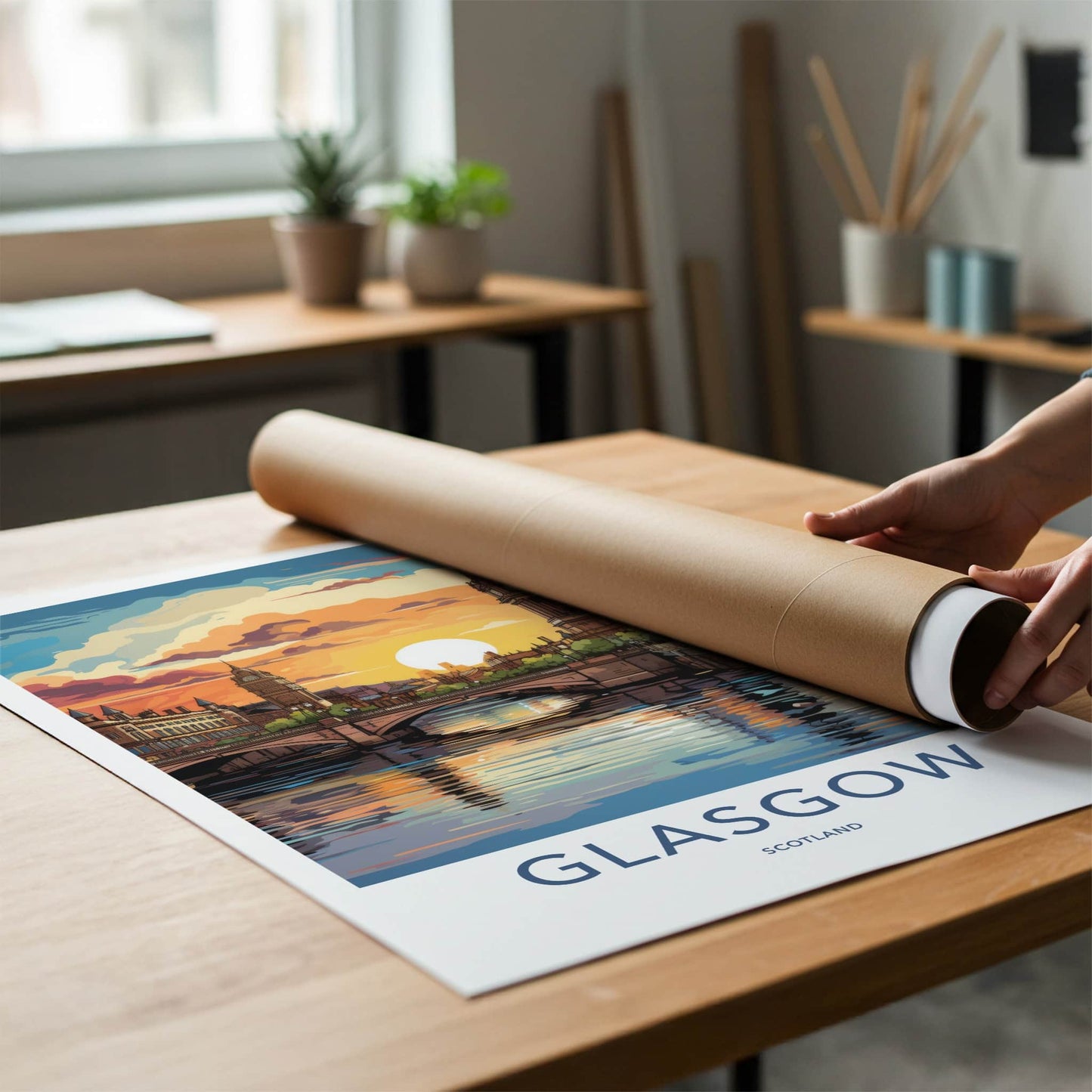 Glasgow Poster - Scotland Travel Art - Vibrant Sunset City Home Decor