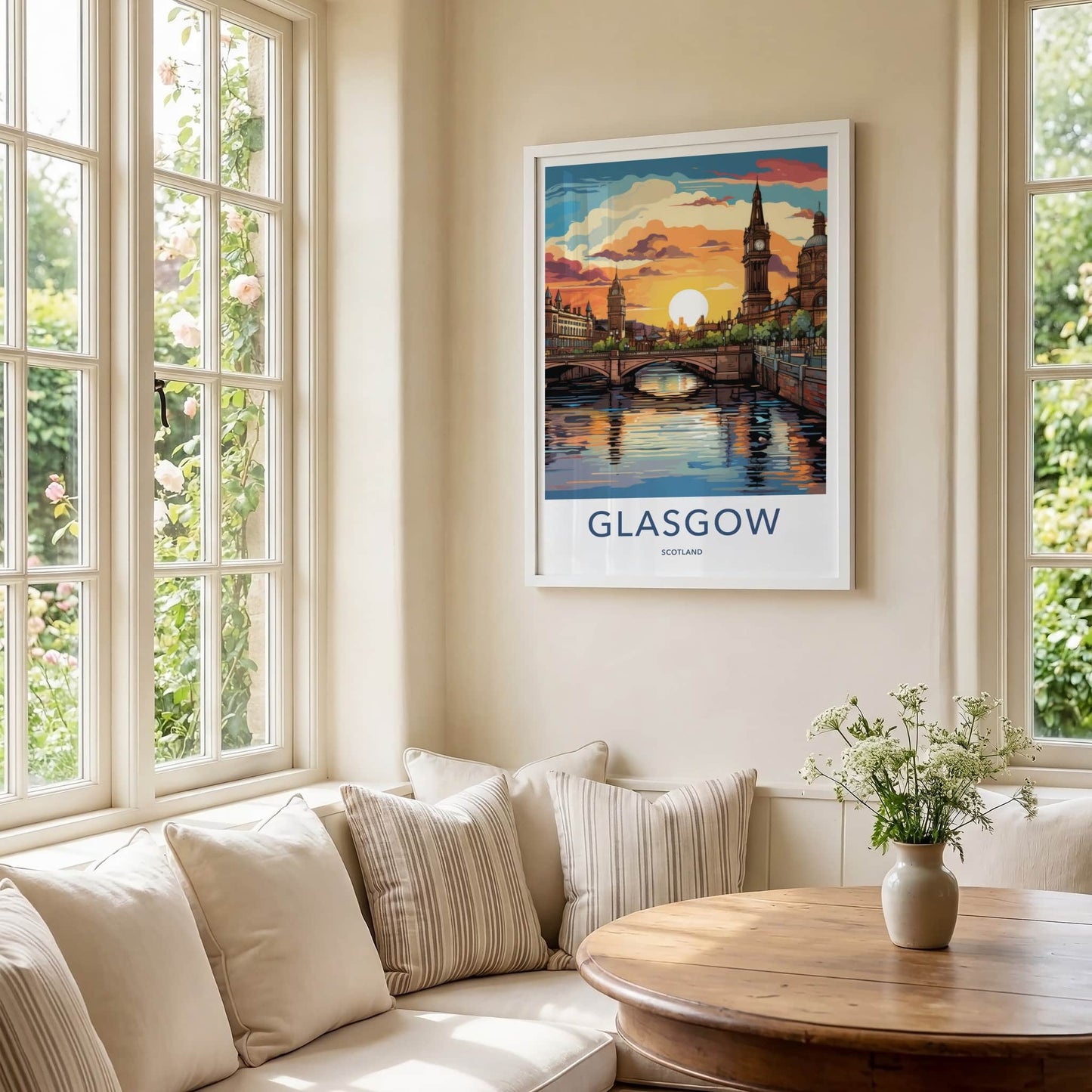 Glasgow Poster - Scotland Travel Art - Vibrant Sunset City Home Decor