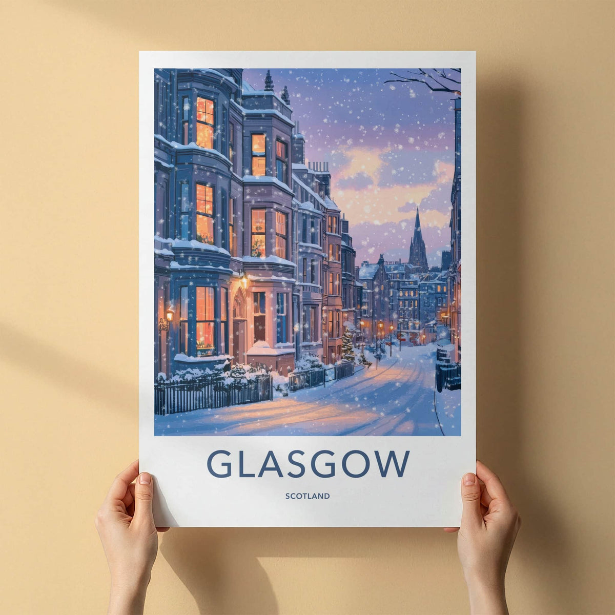 Glasgow Poster - Scotland Travel Print - Cozy Winter Night Wall Decor