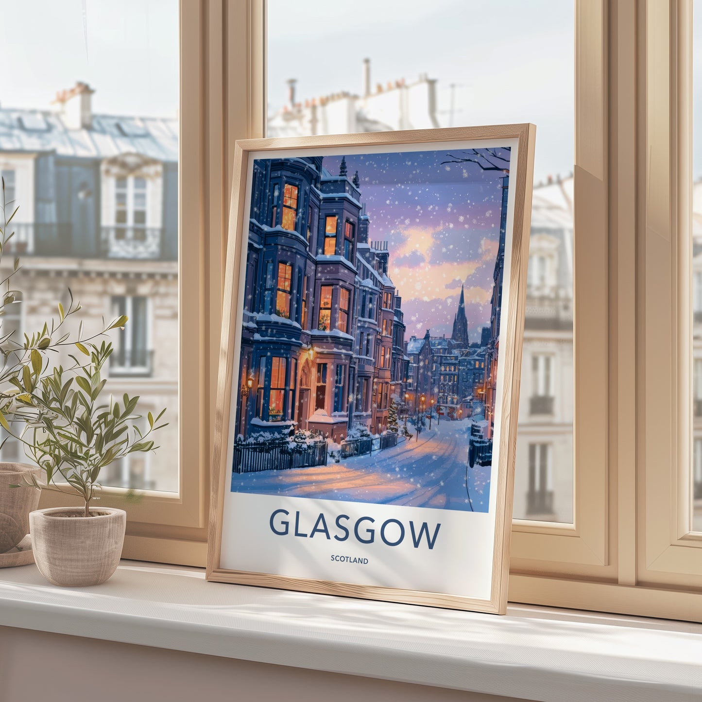 Glasgow Poster - Scotland Travel Print - Cozy Winter Night Wall Decor